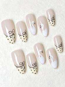10pcs Almond Shaped Medium Press-On Nails, White Nail Polish Manicure, Minimalist Daily Style, Winter Press-On Nails, Glossy French Polka Dot Manicure, Nail Art Supplies, Suitable For Party, Celebration, Daily Wear Handmade Press On Nails - Multicolor - View 10