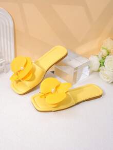 1 Pair Girls' Yellow Floral Decor Sandals, Non-Slip Wear-Resistant Square Toe Low-Top Open-Toe Flat Bottom, Fresh Sweet Style, Suitable For Spring/Summer Beach, Outdoor, Home - Yellow - View 6