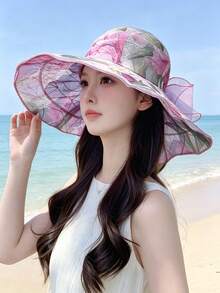 女款春夏網眼透氣寬簷遮陽帽，適合中老年媽媽的百搭漁夫帽 - 蝴蝶結網紗帽 - 查看 4