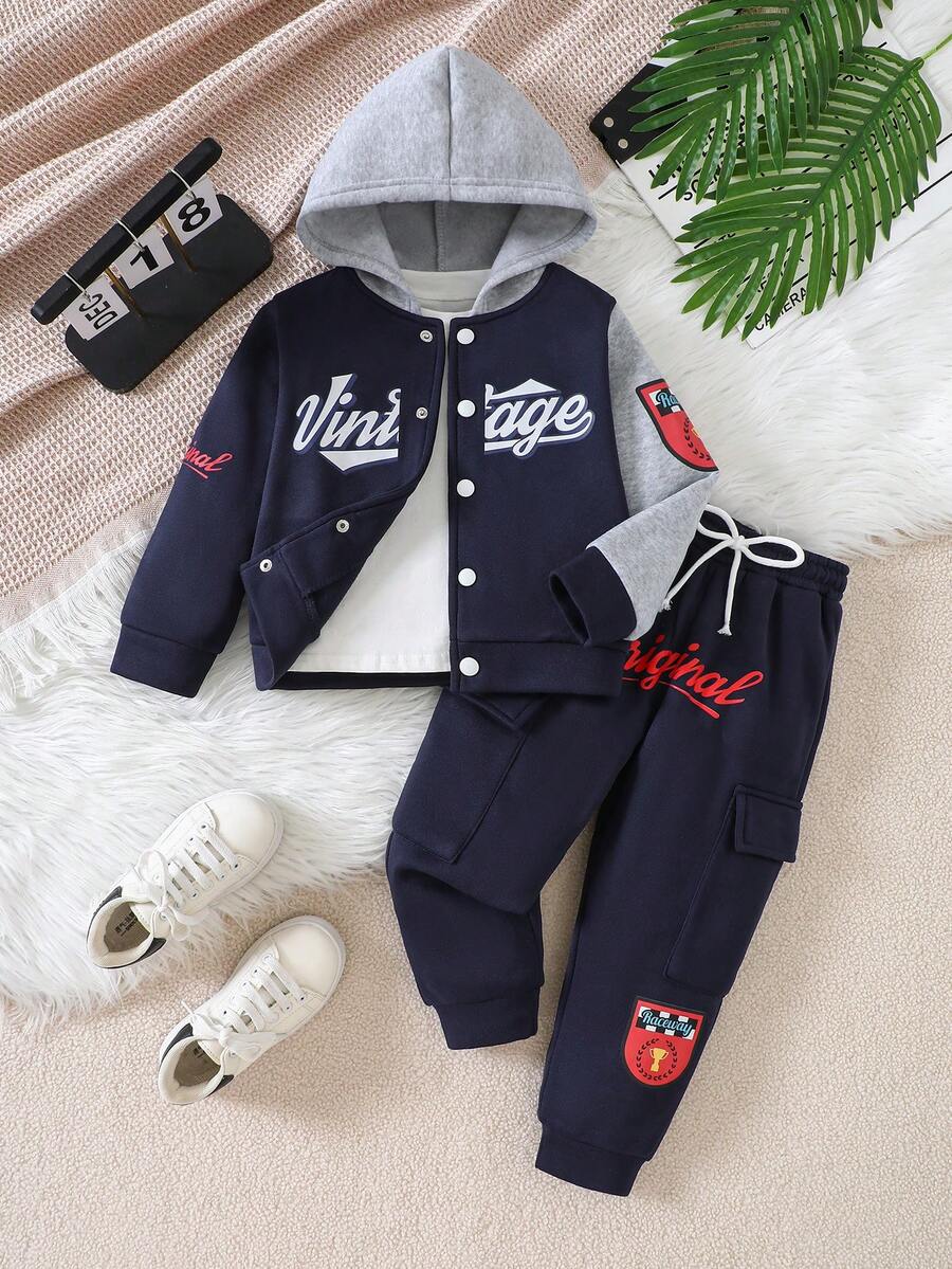 Boys' Casual Sports Digital Print Long Sleeve Hooded Sweatshirt + Pants 2 Pieces Set, Autumn/Winter - Blue - View 1