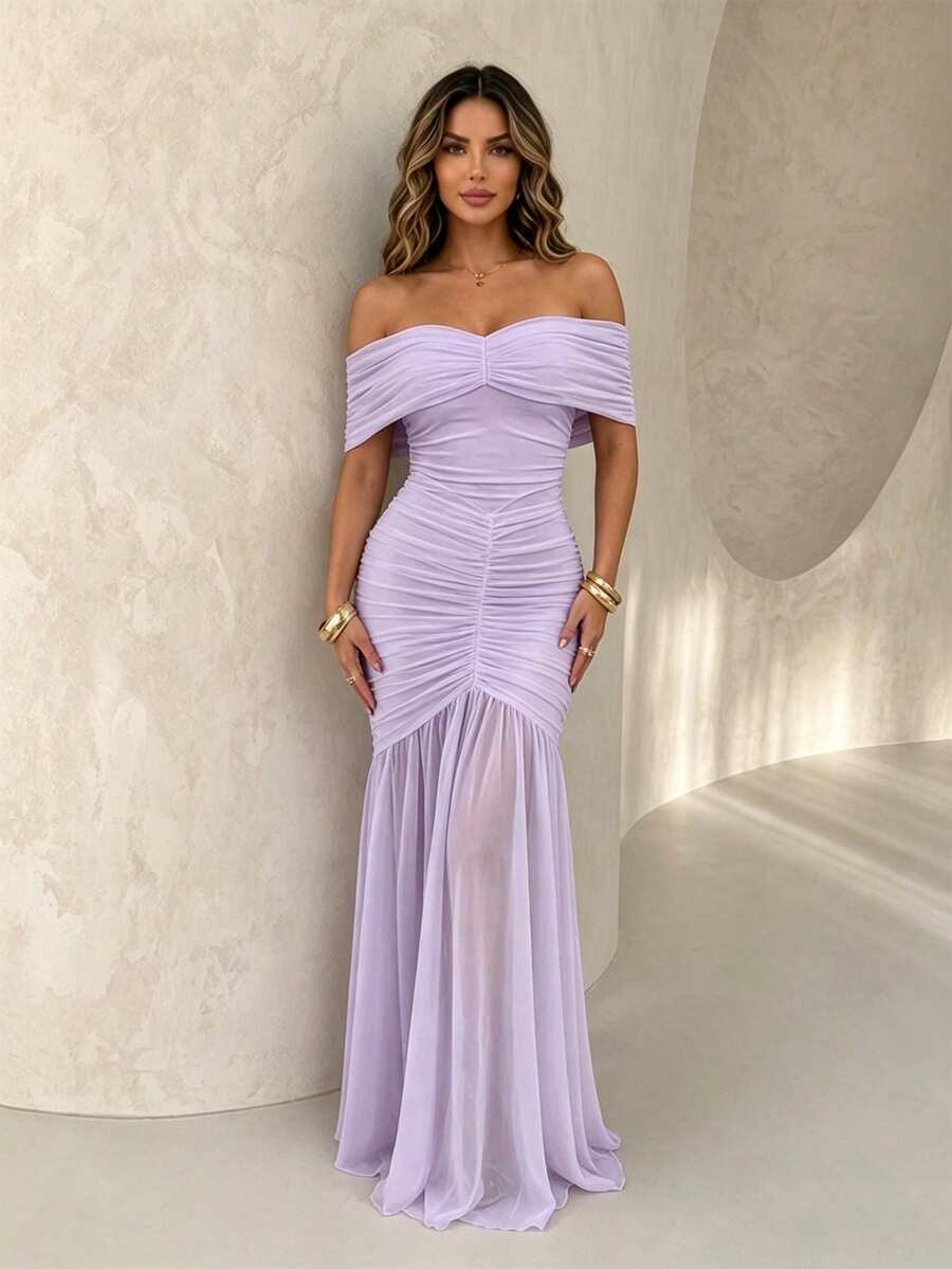 ChicMe Đầm maxi trễ vai xếp ly dành cho nữ, đầm cocktail thanh lịch không tay ôm sát dáng đuôi cá, thích hợp cho tiệc tùng.