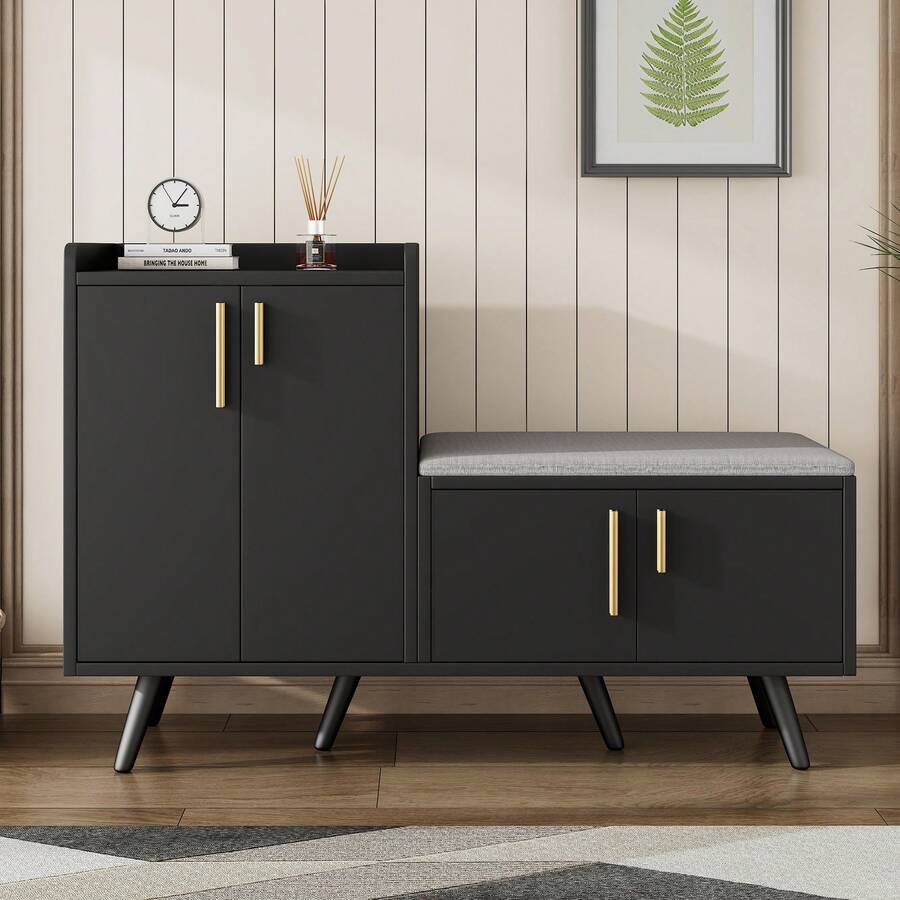 Modern Shoe Bench With Wood Grain, Storage Cabinet, 4 Storage Doors, Asymmetric Metal Handles, - Black and Walnut - View 1