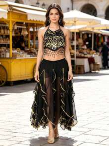 Bohemian Belly Dance Coin Sequin Halter Top, Side Slit Flowy Chiffon Wide Leg Pants For Market, Festival Carnival, Travel Photoshoot And Themed Event - Multicolor - View 16