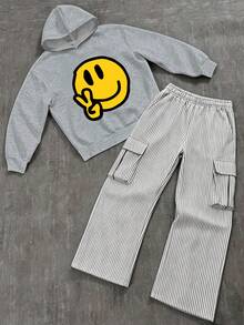 2pcs/Set Minimalist Boys Outfit, Peace Smile Print Hoodie + Striped Cargo Wide Leg Pants, Soft & Warm Autumn Daily Wear - Grey - View 1