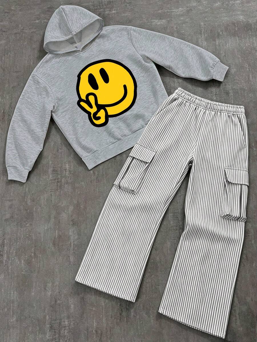 2pcs/Set Minimalist Boys Outfit, Peace Smile Print Hoodie + Striped Cargo Wide Leg Pants, Soft & Warm Autumn Daily Wear - Grey - View 1