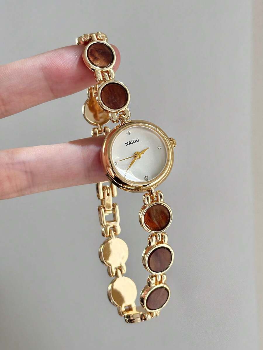 1pc Women's Round Quartz Watch, Vintage Style, Elegant And Fashionable, Suitable For Daily Wear, Excellent Gift Choice - Gold - View 1