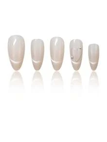 24片粉色扎染猫眼美甲贴纸，杏仁形，猫眼线条，爱心装饰，3D银珠，简约风格，光滑表面，全覆盖假指甲，适合女性和女孩，按压式美甲 - 彩色 - 查看 3