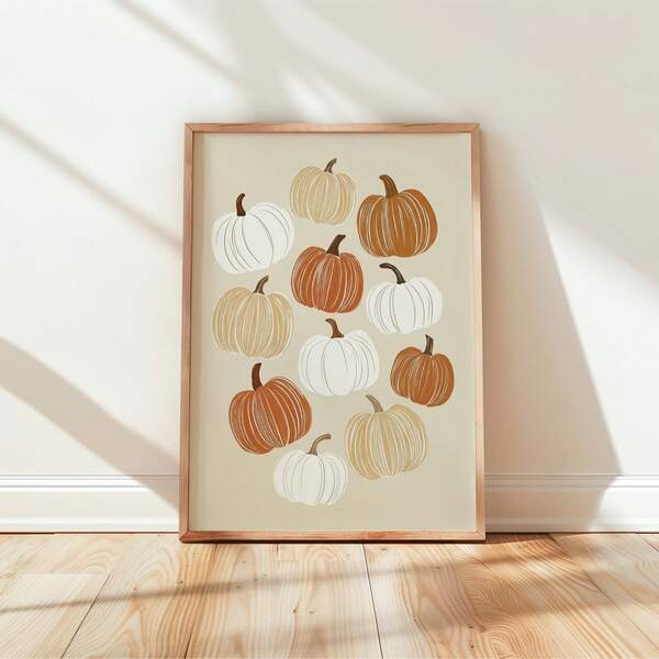 1 pieza Póster de arte de pared de calabaza beige dibujado a mano sin marco, decoración de cosecha de otoño rústica vintage para cocina, decoración de Halloween y Acción de Gracias, decoración de habitación y dormitorio, impresiones para pared, pósteres, decoración vintage