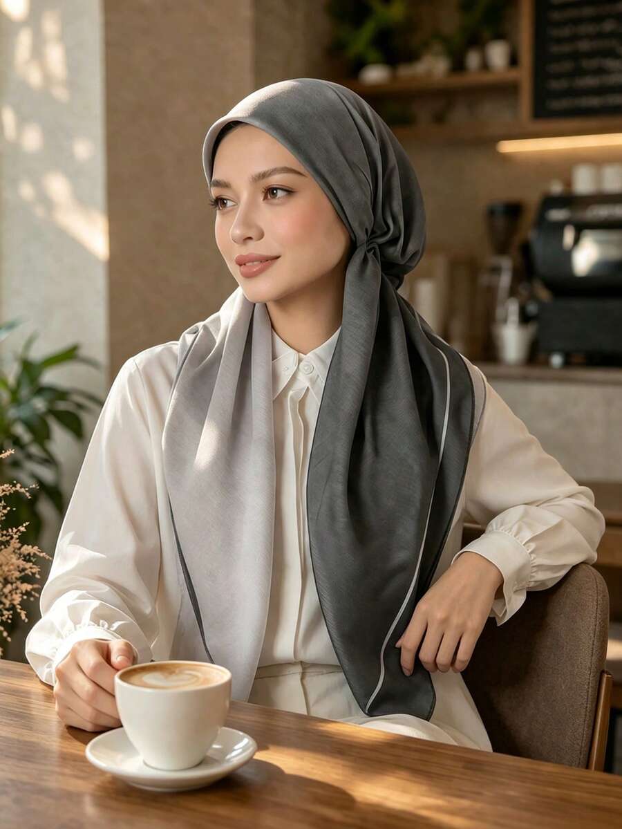 1PC Women's Gradient Frame Pattern Triangle Headscarf, Large Size Gradient Color Print Convenient Headscarf, Elastic Design Instant Headscarf Turban Scarves, Fashionable Versatile, Convenient Soft, Comfortable Breathable Prayer Headscarf Hijab, Suitable For Daily Wear, All Seasons - Greyish White - View 1