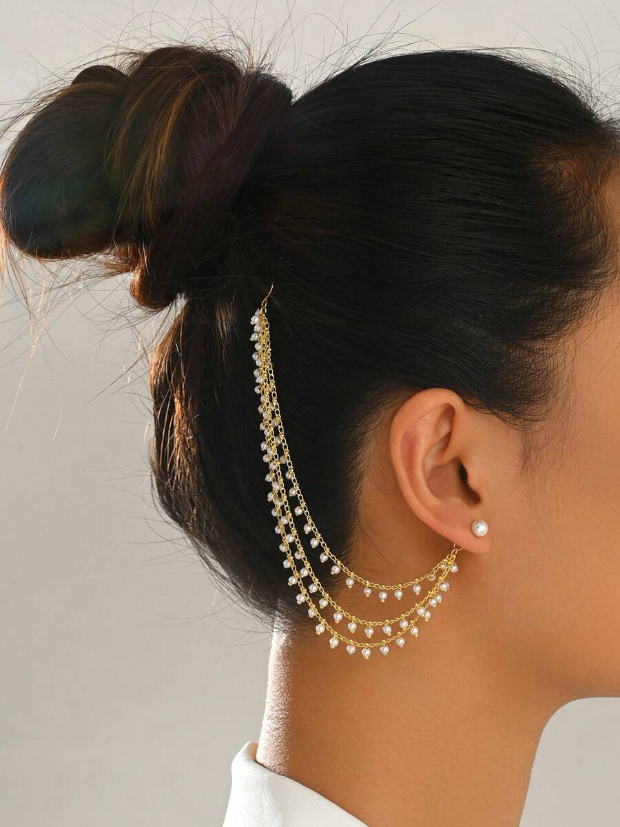 1pc Fashion Luxury Multi-Layer Faux Pearl One-Piece Ear Hook Hair Accessory, Dual-Use Long Dangle Design For Women, Suitable For Banquet, Wedding, Date, Valentine's Day, Birthday Gift - Golden - View 1