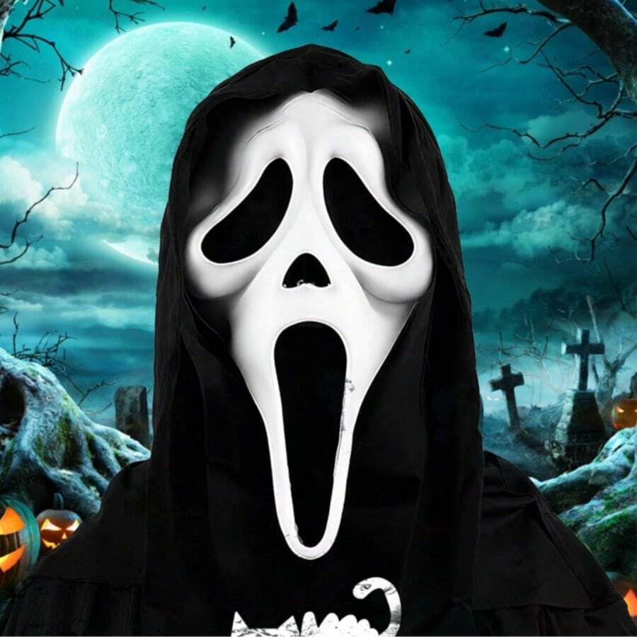 Fun World Screaming Mask Ghost Mask With Cape, Funny Horror Version Halloween Horror Silicone Mask, Christmas Holiday Gift