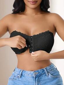 CELILIN Strapless Lace Bandeau Bra For Women - Front Closure Non-Slip Tube Top For Off-Shoulder Outfits - Black - View 8