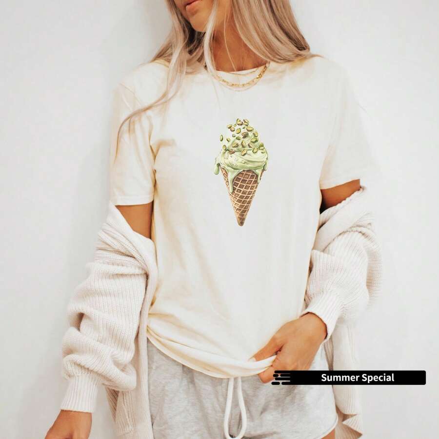 T-shirt graphique motif cornet de glace pistache, adorable tee-shirt sur le thème des desserts d'été, cadeau unique pour les amateurs de pistache, t-shirt doux et crémeux motif cornet gaufré vert - Blanc - Voir 1