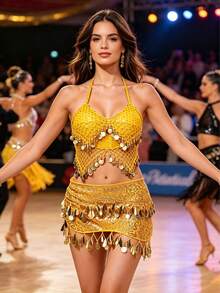 Women's Belly Dance & Style Costume (Bra + Waist Chain), Fringed Dance Top, Slit Skirt, Wrap-Around Skirt, Bohemian, Retro, Sari-Inspired Design,Hip Wrapped Skirt, Dance Skirt, Bohemian, Retro Style, Saree Sari Inspiration. - Multicolor - View 3