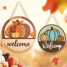 Múltiples Estilos Colgantes de Madera para Puerta de Otoño, Placas Redondas Colgantes de Calabaza & Hoja de Arce, Decoración de Pared y Valla para Interiores & Exteriores - Multicolor - Ver 4