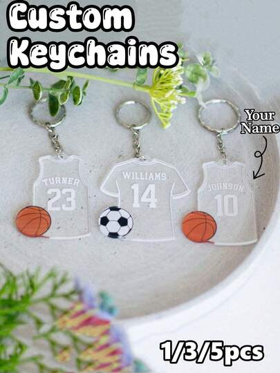 1/3/5pcs Customized Name Number Keychain,Personalized Sports Keychain,American Augby Football Basketball Keychain,Custom Name Sports Gift,Team Gifts