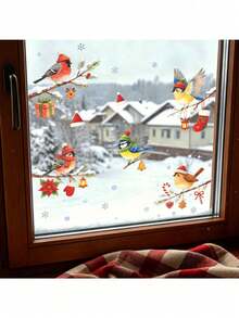 1pc Multi-Needle Knit Hat Bird Christmas Tree Branch Decoration Snowflake Static Window Sticker Removable Reusable Glass Sticker Suitable For Home Store Christmas Winter Holiday Decoration - Multi-knitted Hat Bird - View 2