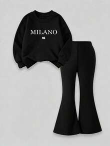 Girls' Minimalist Fashion Letter Print Black Top And Black Pants Sports Set, Autumn/Winter - Black - View 2