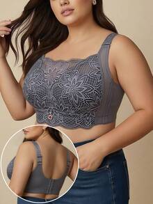 Plus Size Full Coverage Wireless Push-Up Bra, Minimizing Large Bust, Side-Smoothing, Anti-Sagging, Adjustable, Ultra-Thin, Anti-Exposure, Sexy Lace Bandeau Lingerie For Women - Dusty Purple - View 3