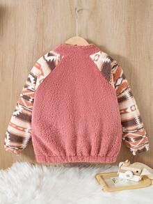 Girls' Fashion Retro Plush Jacket With Color Block Design, Stand Collar, Zipper Front And Printed Sleeves, Winter - Pink - View 2