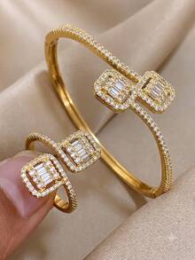 18K Gold Plated Square & Rectangular Zirconia Jewelry Set, Adjustable Open Cuff Bracelet And Ring, Elegant Women's Accessories, Suitable For Daily Wear And Party Occasions - Multicolor - View 2