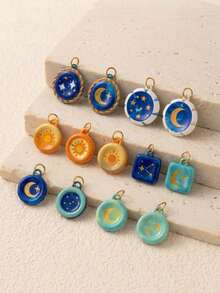 1pc Star Moon Sun Colorful Printed Pendant, Mysterious Elegant Style, 18k Gold PVD Plated Stainless Steel Material, Waterproof And Fade-Resistant, Suitable For Handmade Shop DIY, Factory Semi-Finished Production And Other Scenarios. - Multicolor - View 1
