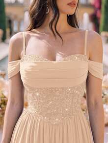 Đầm dạ hội maxi voan chiffon đính sequin ren hoa, trễ vai, gấu nhún, đầm phù dâu, váy dạ hội cưới mùa thu trang trọng - Rượu sâm banh - Xem 7
