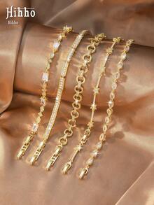 Hihho 1pc Full Rhinestone Tennis Chain / Round Hoop Chain / Star Thin Chain CZ 5 Styles Optional Commute & Date Dual-Use Bracelet - Gold - View 9