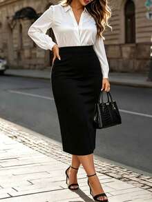 Plus Size Elegant Date Night High Waist Stretch Pencil Midi Skirt With Back Slit And Floral Mesh Hem Black - Black - View 2
