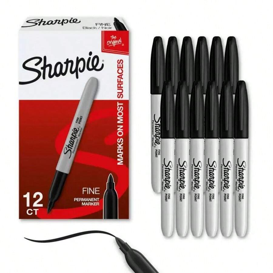 1-12pcs Black Fine Tip Marker Pen Set, 12pcs - Quick Drying, Fade-Resistant, Suitable For Wood, Plastic, Metal, Paper - Ideal For Art Creation, Office Writing, Learning Supplies, Poster Coloring, Perfect Gift For Students, Back To School Essential - Sets - View 1