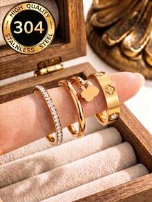 3pcs/Set Women's Rings, Long-Lasting Color, 18K Stainless Steel Fashion Elegant Rings For Summer, Size 6-10, Wedding Rings - Golden 2 - View 11