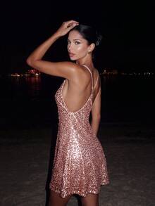 Women's Sexy Orange Sequin Short Party Dress, Sleeveless Off-Shoulder Flared Hem Cocktail Dress Wedding Vacation - Dusty Pink - View 5