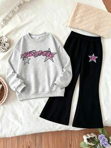 Girls' Sweet & Cool 2-Piece Set, Grey Floral Crew Neck Sweatshirt Paired With Black Flare Pants, Front Printed With "Battle" Y2K Pink Glitter Artistic Font And Silver Glitter Star Decoration, Pants Pocket Echoing Same Color Star Print Detail, Loose Straight Fit Suitable For Campus Daily Commute Or Weekend Casual Outings, Versatile And Casual, Perfect For Autumn/Winter Layering, Daily Wear And Campus Outfits - Apricot - View 2