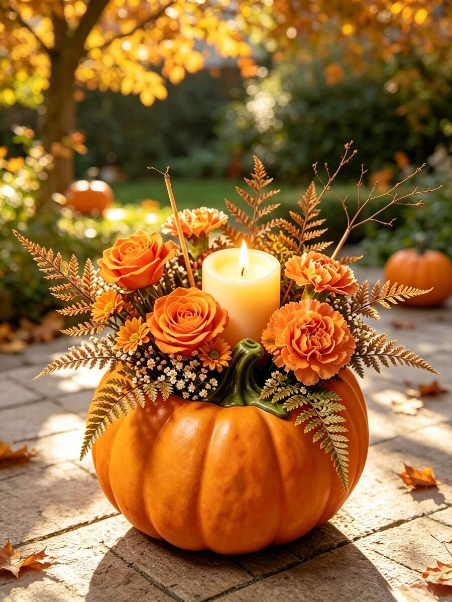 1pc Autumn Pumpkin Decorative Vase With Artificial Roses, Daisies, Fern Floral Arrangement And Candle; Harvest Pumpkin Flower Pot Tabletop Centerpiece Decor, Rustic Farmhouse Style Thanksgiving, Halloween Indoor Decoration, Suitable For Dining Table, Fireplace Mantel, Entryway Shelf, Tiered Tray; Holiday Tabletop Decor, Unique Gift For Autumn Lovers, Gardening Enthusiasts, Housewarming, Birthday Gift - Pumpkin Planter - View 1