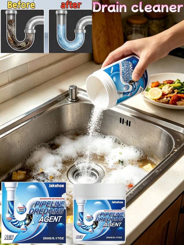 jakehoe Potente disolvente de obstrucciones de cabello y aceite, desobstruye tuberías de cocina y baño, limpia y desodoriza en un solo paso, apto para fregadero, desagüe de piso, inodoro, bañera, cocina y baño