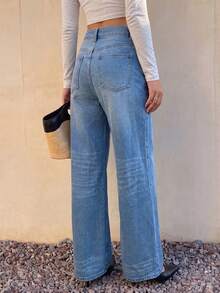 Women's Casual Straight Leg Denim Jeans, Non-Stretch Long Pants, Button And Zipper Fly, Versatile Everyday Style - Light Wash - View 3