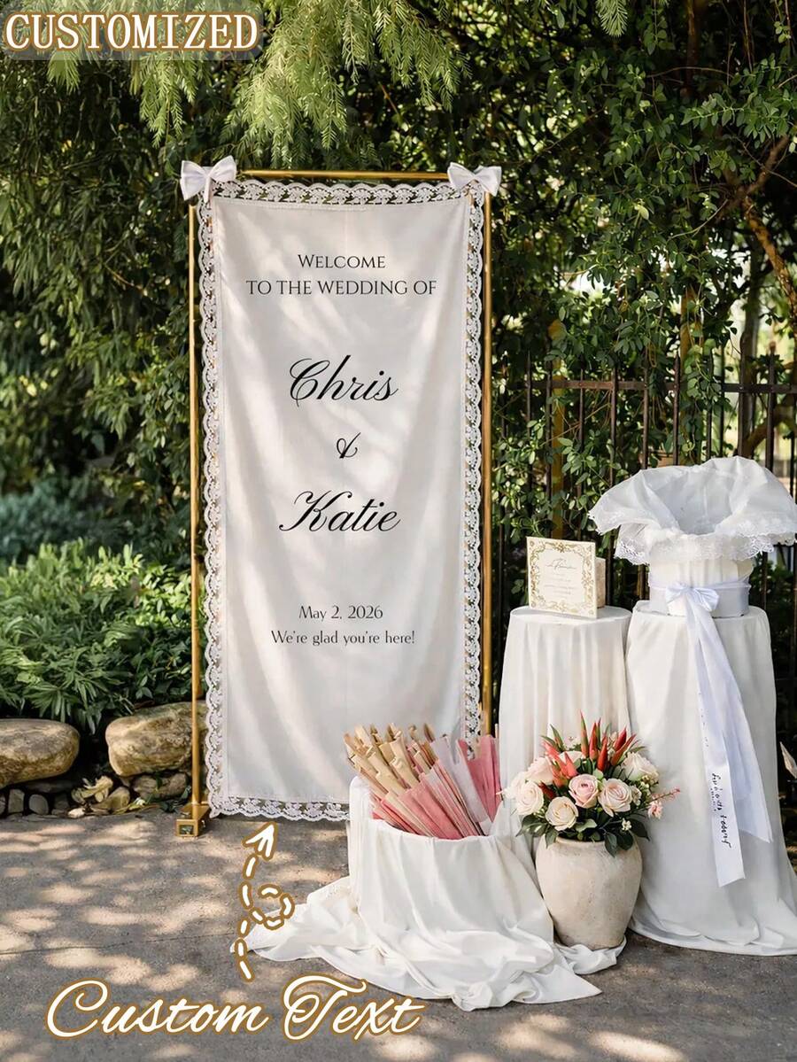 Personalized Linen Lace Wedding Welcome Sign, Customized Name & Date, Wedding Backdrop Banner, Bridal Shower Entrance Decor