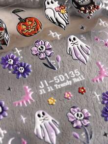 5D Embossed Clear Base Halloween Nail Stickers, Cute Ghost Pumpkin Skull Bat Spider Floral Self-Adhesive Nail Art Decals, Spooky Gothic Manicure Decorations For Halloween Party DIY Nail Supplies For Women Girls Acrylic Nails - Multicolor - View 4