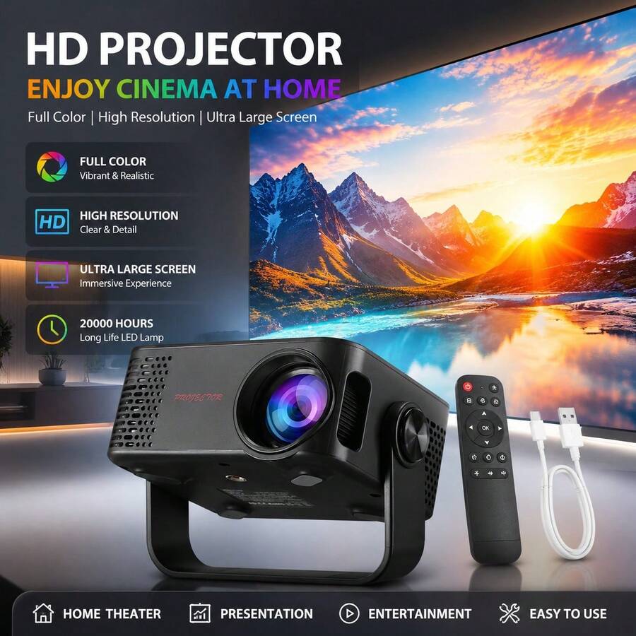 M60 Mini Projector 1080P Supports USB/Type-C Interface, Portable Home Theater Projector With 2.4G WiFi, Projection Size 20-100 Inches