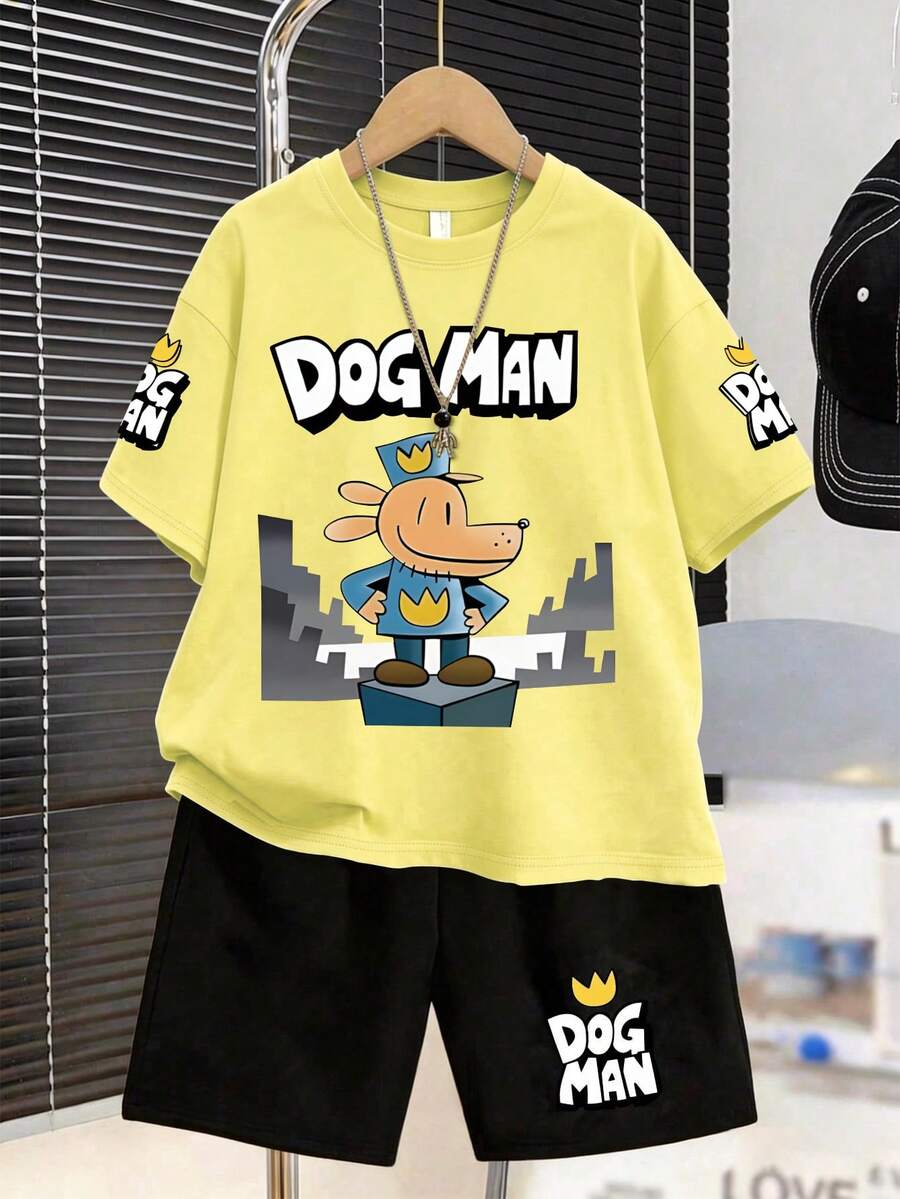 1套男童卡通偵探狗 DOGMAN 印花短袖T恤與運動長褲,完美的夏季禮物,適合春夏季學校與戶外穿著 - 彩色 - 查看 1