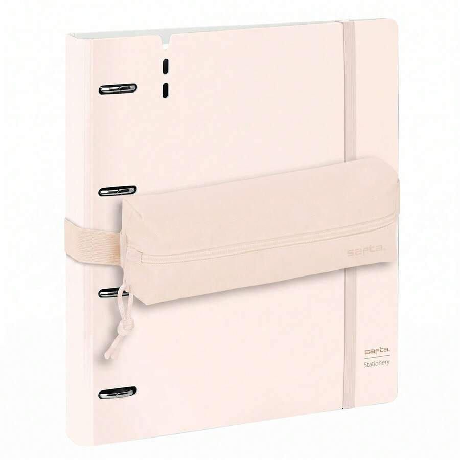SAFTA | A4 4-Ring Binder Set, 35 Mm, PP Foam, With 100 Sheets (90 Gsm) Refill And 5 Dividers + Matching Pencil Case With Elastic Closure, Light Pink - Option 15 (Case) - View 1