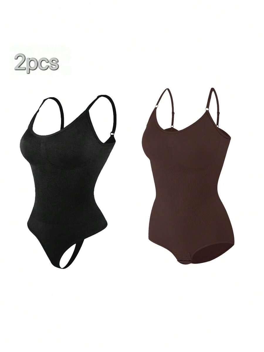 2Pcs High Waist Tummy Control Thong Bodysuit Figure - 黑棕 - 查看 1