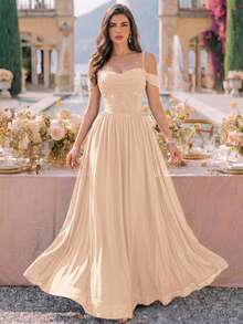 Đầm dạ hội maxi voan chiffon đính sequin ren hoa, trễ vai, gấu nhún, đầm phù dâu, váy dạ hội cưới mùa thu trang trọng - Rượu sâm banh - Xem 3