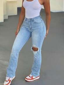 Women's Casual Distressed Light Blue Flare Jeans, With Pockets And Zipper, Medium Stretch Long Pants, Suitable For Autumn Wear - Light Wash - View 2