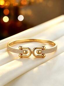 1pc Women's Fashion Double Layer Horseshoe Buckle Bracelet, Fully Embellished With Zirconia, Exquisite Versatile Bracelet, Niche High-End Style For Daily, Party, Commute And Versatile Matching Accessory - Bracelet - View 3
