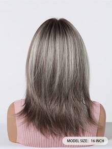 FIVE STARS Fashionable 16-Inch Gray Highlights Straight Synthetic Wigs With Neat Bangs: Natural-Looking And Heat Resistant For Party Cosplay Daily Use - Multicolor - View 6