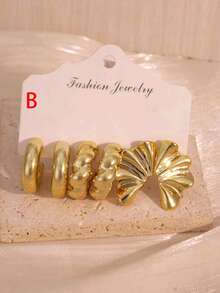 6-18pcs French Gilded Texture Multi-Style Earring Set, Niche High-End Flower & Bow C-Hoop Stud Earrings For Women, Essential Gift For Friends And Family - Gold - View 3