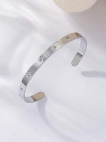 Minimalist Polished 8-Point Star Rhinestone Open Cuff Bracelet Set, Silver 304 Stainless Steel Hypoallergenic Skin-Friendly, Multi-Layer Stackable Niche Thin Bangle Set - CC-s - View 10