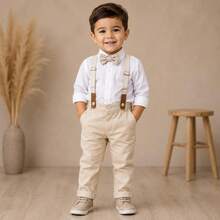 Conjunto Infantil Menino Social Camisa Manga Longa e Body Calça Com Suspensorio e Gravata Borboleta para festa Casamento - Bege/Branco - Visão 16