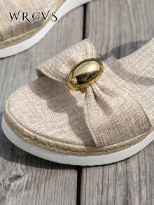 WRCVS Sandal Platform Wedges Tali Anyaman Warna Beige, Sandal Liburan Musim Panas dengan Sol Tali, Sepatu Penambah Tinggi Badan Gaya Bohemian dengan Motif Acak - Krem - View 8
